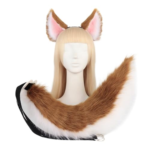 Asudaro Tier Wolf Kostüm Set, Wolf Ohren und Schwanz Kostüm Set Kunstfell Wolf Fuchs Ohren Stirnband und pelziges Tier langer Schwanz Halloween Party Anime Lolita Maskerade Cosplay Kostüm Typ 6 von Asudaro