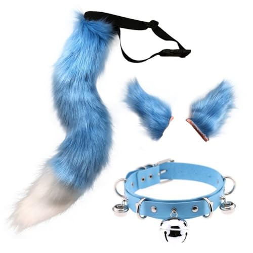 Asudaro Wolf Kostüm Set, Flauschige Plüsch Tier Ohr Schwanz Wolf Katze Cosplay Party Kostüm Pelzigen Tier Schwanz Hals Kragen große Kunstpelz Ohren Haarspange für Kinder Mädchen Frauen Himmelblau von Asudaro