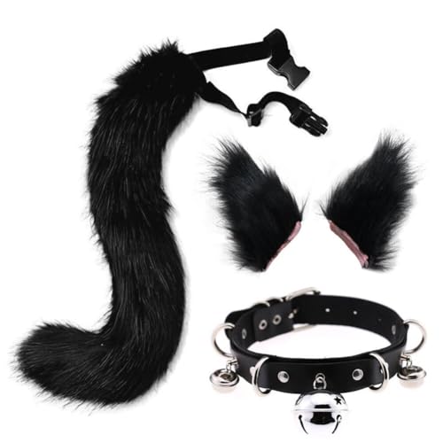 Asudaro Wolf Kostüm Set, Flauschige Plüsch Tier Ohr Schwanz Wolf Katze Cosplay Party Kostüm Pelzigen Tier Schwanz Hals Kragen große Kunstpelz Ohren Haarspange für Kinder Mädchen Frauen Schwarz von Asudaro