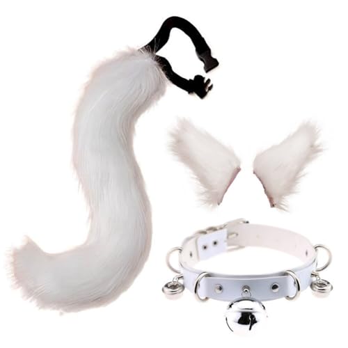 Asudaro Wolf Kostüm Set, Flauschige Plüsch Tier Ohr Schwanz Wolf Katze Cosplay Party Kostüm Pelzigen Tier Schwanz Hals Kragen große Kunstpelz Ohren Haarspange für Kinder Mädchen Frauen Weiß von Asudaro