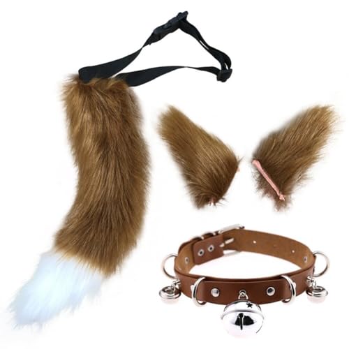 Asudaro Wolf Kostüm Set, Flauschige Plüsch Tier Ohr Schwanz Wolf Katze Cosplay Party Kostüm Pelzigen Tier Schwanz Hals Kragen große Kunstpelz Ohren Haarspange für Kinder Mädchen Frauen braun von Asudaro