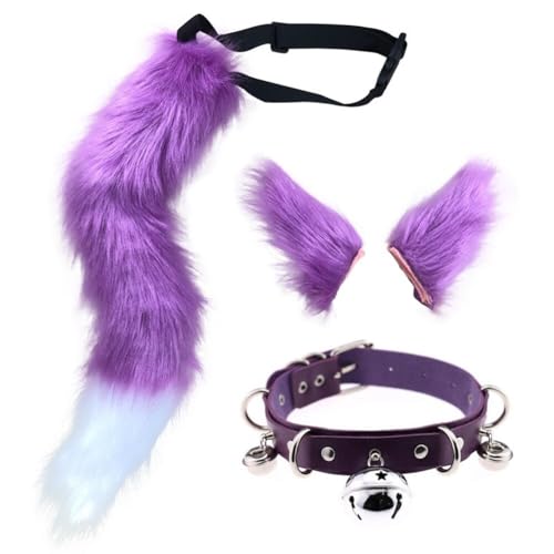 Asudaro Wolf Kostüm Set, Flauschige Plüsch Tier Ohr Schwanz Wolf Katze Cosplay Party Kostüm Pelzigen Tier Schwanz Hals Kragen große Kunstpelz Ohren Haarspange für Kinder Mädchen Frauen lila von Asudaro