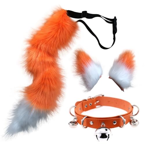 Asudaro Wolf Kostüm Set, Flauschige Plüsch Tier Ohr Schwanz Wolf Katze Cosplay Party Kostüm Pelzigen Tier Schwanz Hals Kragen große Kunstpelz Ohren Haarspange für Kinder Mädchen Frauen orange von Asudaro