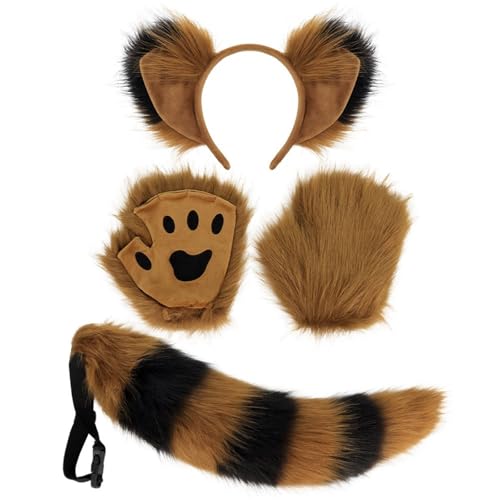 Asukohu 3-teiliges Halloween-Füchs-Kostüm-Set für Kinder, Erwachsene, Cosplay, Halloween, Füchse, Kostüm, Zubehör mit Stirnband, Schwanz, Handschuhen, Haarband, Kopfbedeckung von Asukohu