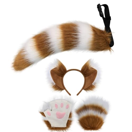 Asukohu 3-teiliges Halloween-Füchs-Kostüm-Set für Kinder, Erwachsene, Cosplay, Halloween, Füchse, Kostüm, Zubehör mit Stirnband, Schwanz, Handschuhen, Haarband, Kopfbedeckung von Asukohu