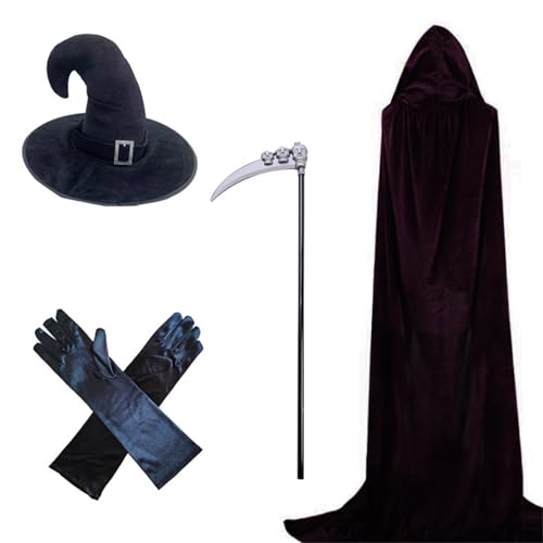 Asukohu Eleganter Samt-Vampir-Umhang für Erwachsene, mit Hexenhut, Sense, Handschuhe, Set für Halloween, Festlichkeiten, Hexenkostüm, Erwachsenenkostüm, Halloween-Kostüm von Asukohu