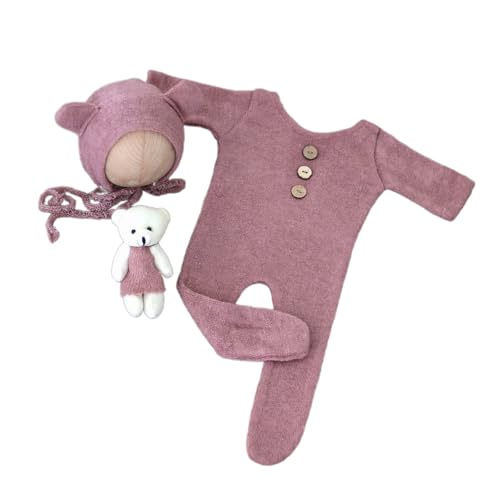 Asukohu Fotoshooting-Requisiten für Neugeborene, Baby-Bär-Kostüm, Mütze, gestrickter Strampler mit Fuß, Foto-Outfit, Bären-Thema, Baby-Outfit von Asukohu