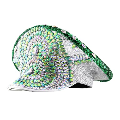 Asukohu Glänzende Strass-Nietenkappen, Kapitänskappen für Musik-Festivals, Maskeraden, Partyhut, flacher Hut, Rollenspiel, Requisiten, Kopfbedeckung, Party-Kopfbedeckung von Asukohu