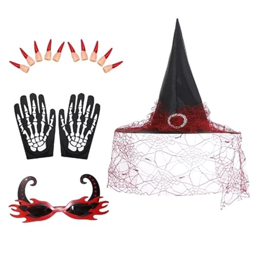 Asukohu Hexenkostüm-Set Flamme Brille Falsche Nägel Spitze Hexenhüte mit Schleier Skelett Handschuhe Halloween Dress Up Zubehör Halloween Cosplay Set Hüte Brille Falsche Nägel Skelett Handschuhe Asukohu Hexenkostüm-Set Flamme Brille Falsche Nägel Spitze Hexenhüte mit Schleier Skelett Handschuhe Halloween Dress Up Zubehör Halloween Cosplay Set Hüte Brille Falsche Nägel Skelett Handschuhe von Asukohu
