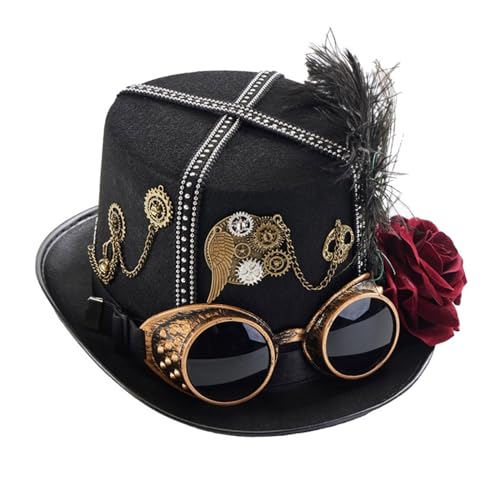 Asukohu Steampunks Zylinderhut, Vlies, viktorianischer Hut mit Brille, Unisex-Kostüm-Hut, Hippie-Hut, Halloween-Partyzubehör, Steampunk-Hut von Asukohu