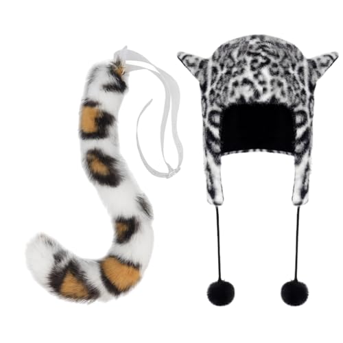 Asukohu Warme Wintermütze und pelziger Tierschwanz für Damen, Set mit Ohrenklappen, Hut-Set, Halloween-Kostüm, Zubehör für Frauen und Mädchen, Snowboardausrüstung von Asukohu