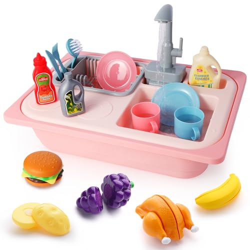 Asweets Play Kitchen Sink Toys Küchenspüle Spielzeug Set, mit Wasserkreislauf Farbwechselndes Geschirr, Lernspielzeug Spielspüle Geschenk, Kinderspielzeug Rollenspiel für Kinder ab 3 Jahren (Rot) von Asweets