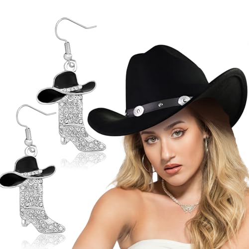 Aswitnove Cowboyhut Strass Cowgirl Stiefel Ohrringe Set Western Ohrring Filz Fedora Jazz Hut Rodeo Outfit für Frauen Größe M, Nietenstil, schwarz, Large Aswitnove Cowboyhut Strass Cowgirl Stiefel Ohrringe Set Western Ohrring Filz Fedora Jazz Hut Rodeo Outfit für Frauen Größe M, Nietenstil, schwarz, Large von Aswitnove