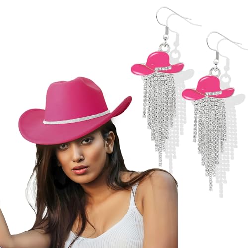 Aswitnove Cowboyhut Strass Cowgirl Stiefel Ohrringe Set Western Ohrring Filz Fedora Jazz Hut Rodeo Outfit für Frauen Größe M, Quaste Rose Red, Medium von Aswitnove