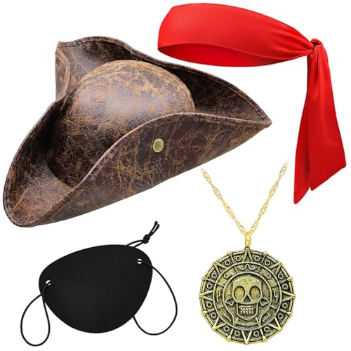 Piratenhut, Trikot-Zubehör-Set für Herren, braunes Kunstleder, Piratenhut, Bandana, Augenklappe, Wikingerschmuck, 4 Stück, brauner Hut und rotes Bandana, Small Piratenhut, Trikot-Zubehör-Set für Herren, braunes Kunstleder, Piratenhut, Bandana, Augenklappe, Wikingerschmuck, 4 Stück, brauner Hut und rotes Bandana, Small von Aswitnove
