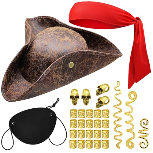 Piratenhut, Trikot-Zubehör-Set für Herren, braunes Kunstleder, Piratenhut, Bandana, Augenklappe, Wikingerschmuck, 30 Stück, brauner Hut und rotes Bandana, Small Piratenhut, Trikot-Zubehör-Set für Herren, braunes Kunstleder, Piratenhut, Bandana, Augenklappe, Wikingerschmuck, 30 Stück, brauner Hut und rotes Bandana, Small von Aswitnove
