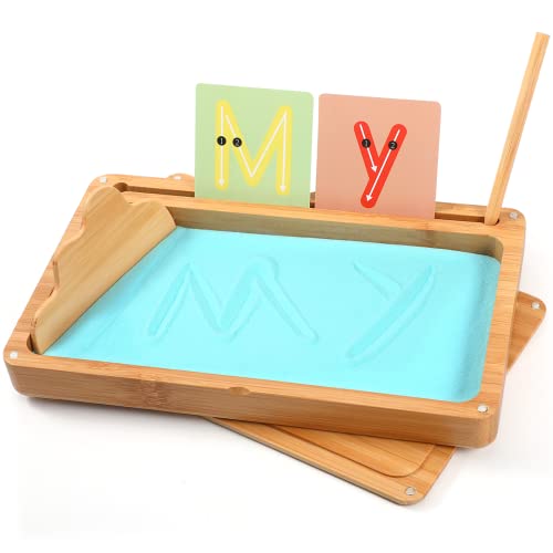 AtMini Montessori sandtablet Training buchstaben und Zeichens pielzeug Holz Sandtisch Lerns für Frühe motorische Entwicklung bei Kindern (blau) von AtMini