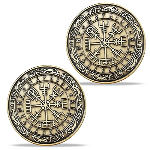 AtSKnSK Nordische Wikinger Mjolnir Münze Thors Hammer Münze Nordische Mythologie Talisman (Vegvisir-Münze (Wikinger-Kompass)) von AtSKnSK