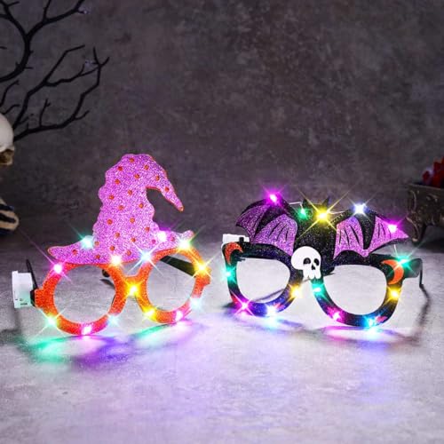 Atigy Leuchtende Halloween-Fledermaus-Brille, Hexenschädel-Brille, LED-Kostüm, Cosplay, Brille für Damen (2 Stück) von Atigy