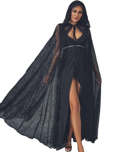 Atigy Spitze Halloween Umhang Schwarz Kapuzenumhang Lang Halloween Cosplay Kostüm Umhang für Damen von Atigy