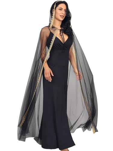 Atigy Tüll Halloween Umhang Schwarz Hexen Kapuzenumhang Lang Halloween Cosplay Kostüm Umhang für Damen von Atigy