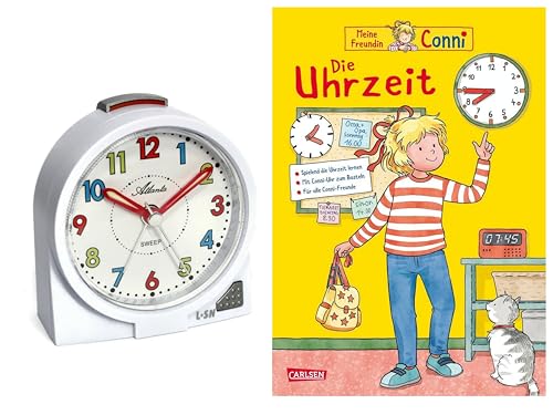 Atlanta Kinderwecker Mädchen ohne Ticken + Kinderbuch Conni Die Uhrzeit - 2127/0 BU (Weiß Conni) von Atlanta