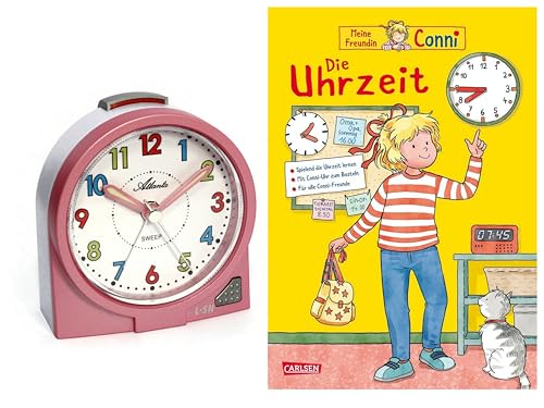 Atlanta Kinderwecker Mädchen ohne Ticken + Kinderbuch Conni Die Uhrzeit - 2127/17 BU (Rosa Conni) von Atlanta