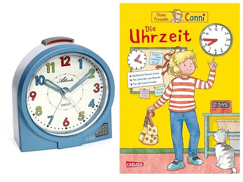 Atlanta Kinderwecker Mädchen ohne Ticken + Kinderbuch Conni Die Uhrzeit - 2127/5 BU (Blau Conni) von Atlanta