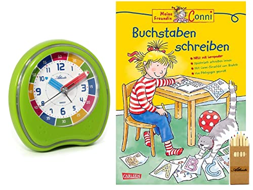 Atlanta Kinderwecker für Schulanfänger Ohne Ticken Jungen Mädchen mit Lernbuch Conni Buchstaben schreiben (Grün) von Atlanta