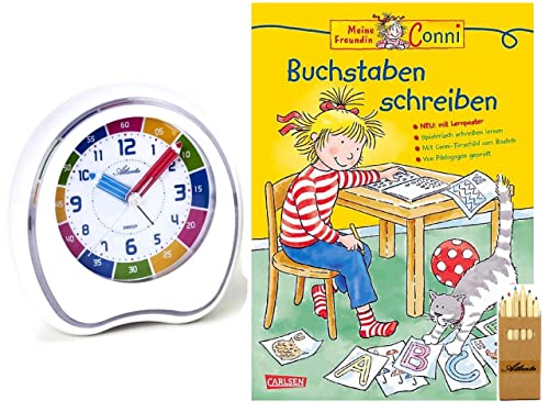 Atlanta Kinderwecker für Schulanfänger Ohne Ticken Jungen Mädchen mit Lernbuch Conni Buchstaben schreiben (Weiß) von Atlanta