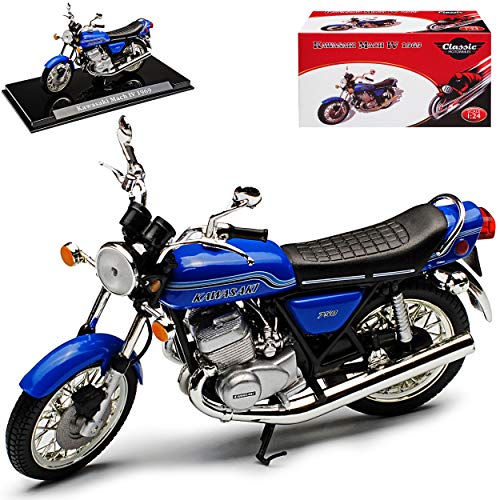 Atlas Kawasaki Mach IV 750 H2 Blau 1971-1975 mit Sockel 1/24 Modell Motorrad von Atlas