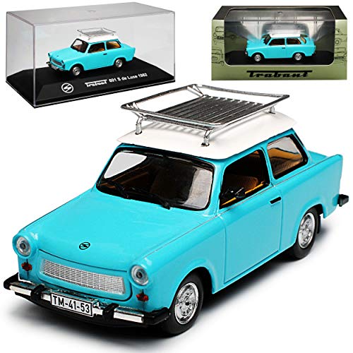 Atlas Trabant 601 S de Luxe Limousine Blau Weiss mit Dachträger 1964-1990 1/43 Modell Auto von Atlas