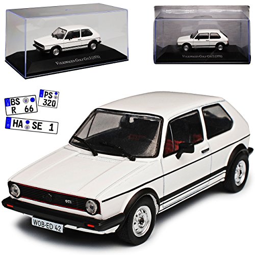 Atlas Volkwagen Golf I 1 GTI 3 Türer Weiss 1974-1983 Mit Sockel und Vitrine 1/43 Modell Auto mit individiuellem Wunschkennzeichen von Atlas