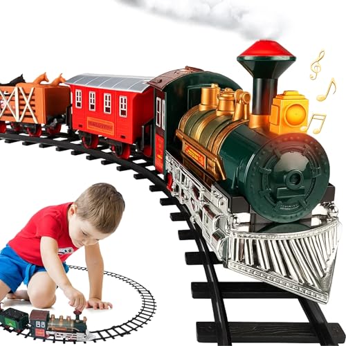 Eisenbahnset – Elektrisches Eisenbahnspielzeug für Jungen und Mädchen mit Licht und Ton, Eisenbahnbausätze mit Dampflokomotive, Güterwagen, 4 Pferden und Gleisen, für Kinder ab 3-8 Jahren Eisenbahnset – Elektrisches Eisenbahnspielzeug für Jungen und Mädchen mit Licht und Ton, Eisenbahnbausätze mit Dampflokomotive, Güterwagen, 4 Pferden und Gleisen, für Kinder ab 3-8 Jahren von Atlasonix