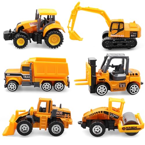 6er-Set Baufahrzeuge Spielzeug aus Druckguss – Mini Baustellenfahrzeuge mit Bagger, Muldenkipper, Bulldozer & Betonmischer – Baustellen Spielzeug für Jungen & Mädchen ab 3 Jahren – Geschenk & Party Mi von AtomDream Tech
