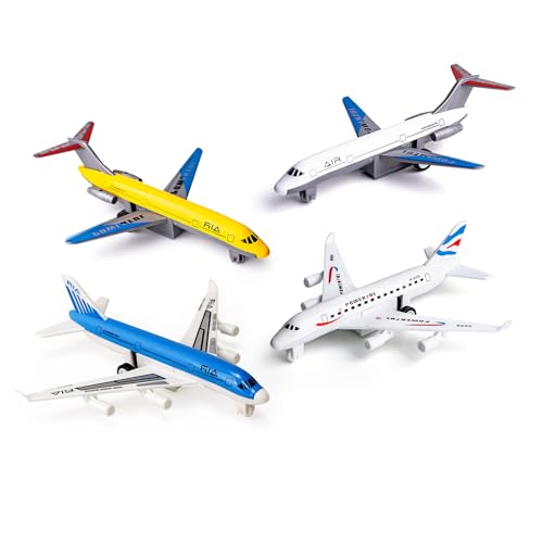 AtomDream Tech Pull Back Flugzeug-Spielzeug, 4 Stück, Druckguss-Metallflugzeuge für Kinder von 3–6 Jahren, STEM-Lernpaket für Geschwister und Klassenzimmer (Gelb/Blau/Weiß)-4P von AtomDream Tech
