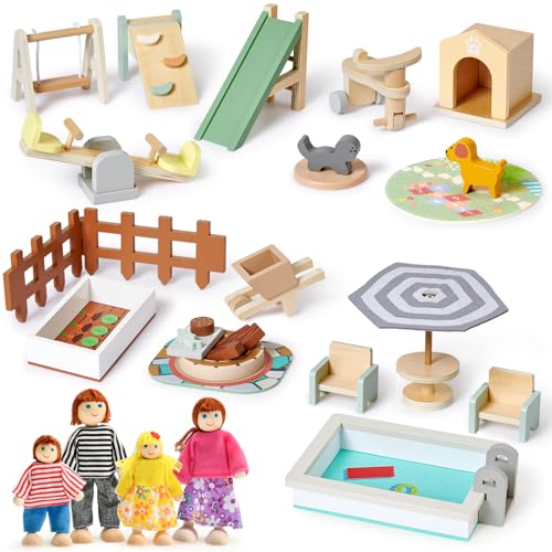 Atoylink 26 PCS Holz Puppenhaus Möbel Set mit 4 Puppenhaus Figuren Puppen, Miniatur Möbel Puppenhaus Zubehör Holz Spielzeug Geburstag Geschenk für Kinder Mädchen Jungen ab 3 4 5 6Jahre von Atoylink