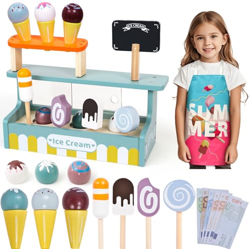 Atoylink 52STK EIS Spielzeug Kaufladen Zubehör Küchenzubehör Kinder Holz Stiel Lebensmittel Spielgeld Eiscreme Kaufmannsladen Eisdiele Kinder Holz Geburtstag Geschenke Mädchen Junge 3 4 5 6+ Jahre von Atoylink