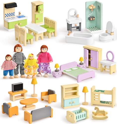 Atoylink Bunt Puppenhaus Möbel Set aus Holz, Puppen Zubehör Spielzeug mit Puppenhaus Puppen, Rollenspiel Geschenk für Jungen Mädchen Kleinkinder ab 3 Jahren von Atoylink