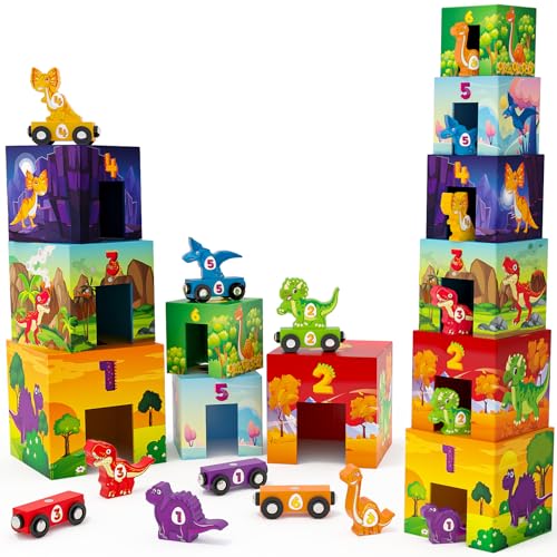 Atoylink Dinosaurier Stapelturm Baby, Stapelspiel Montessori Holzspielzeug mit 6 Stapelwürfel & 6 Dinosaurier & 6 Holz Eisenbahn Kinder, Lernspielzeug Motorikspielzeug Geschenke für Kinder ab 3 Jahren von Atoylink