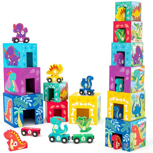 Atoylink Dinosaurier Stapelturm Baby, Stapelspiel Montessori Holzspielzeug mit 6 Stapelwürfel & 6 Dinosaurier & 6 Holz Eisenbahn Kinder, Lernspielzeug Motorikspielzeug Geschenke für Kinder ab 3 Jahren von Atoylink