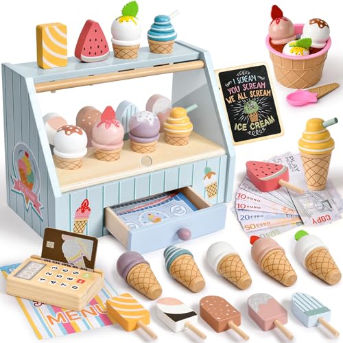 Atoylink Eisdiele Kinder Holz, kaufladen Zubehör mit Kaufmannsladen Zubehör Holz Spielgeld Einkaufsladen, Eisladen Kinder EIS Spielzeug Rollenspiel Geschenk für Mädchen Junge 3 4 5 6 Jahre von Atoylink