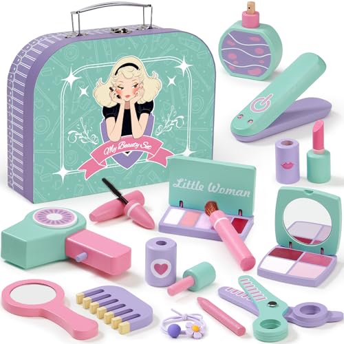 Atoylink Holz Kinderschminke Set Mädchen, Makeup Schminkset & Friseur Set Kinder mit Original Schminkkoffer, Schminke für Mädchen, Holzspielzeug Geburtstags Geschenk für Kinder ab 3 4 5 6 7 8 Jahre von Atoylink
