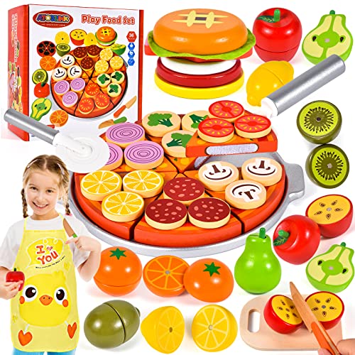Atoylink Kinderküche Holzspielzeug Spielküche Zubehör Küchenspielzeug Lebensmittel Holz mit Pizza Gemüse Obst Schürze Montessori Rollenspiele Weihnachten Geschenk für Kinder 3 4 5 6+ Jahre von Atoylink