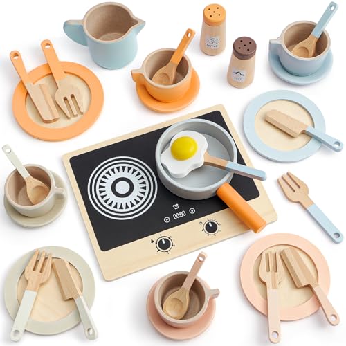 Atoylink Kinderküche Zubehör Holz, 32 Pcs Spielküche Zubehör Geschirrset mit Tassen Teller Teeservice Geschirr Küchenzubehör Rollenspiele Spielzeug Geschenk für Kinder Mädchen Jungen 5 6 7 8 Jahre von Atoylink