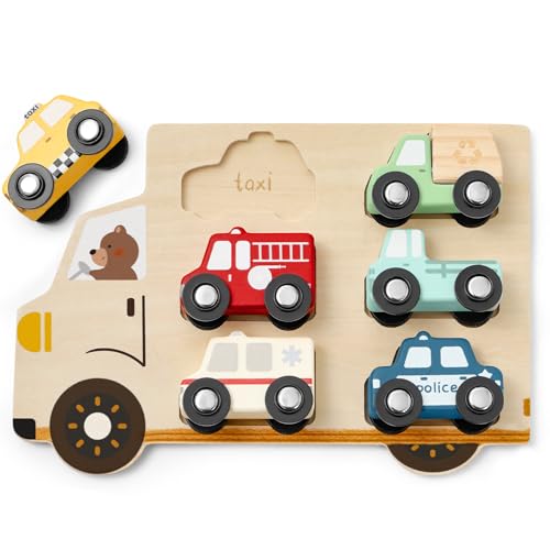 Atoylink Steckpuzzle Holzpuzzle Kinder mit 6 Holzauto Feuerwehrauto Polizeiauto Krankenwagen Spielzeug, Montessori Motorikspielzeug Puzzle Holzspielzeug Geschenk für Mädchen Jungen 3 4 5 6 Jahr von Atoylink
