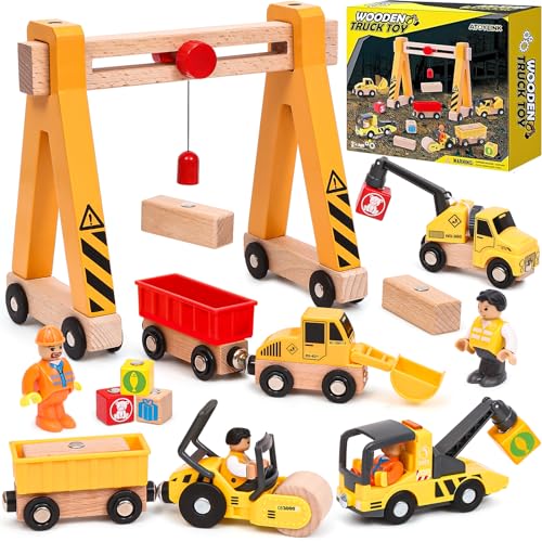 Baufahrzeuge Kinder Holzspielzeug Magnetisch Fahrzeug Spielzeug mit Portalkran, Bagger, Kranwagen, Straßenroller, Abschleppfahrzeug, Holz Konstruktionsfahrzeuge Geschenk Kinder Jungen 2 3 4 5 Jahre von Atoylink