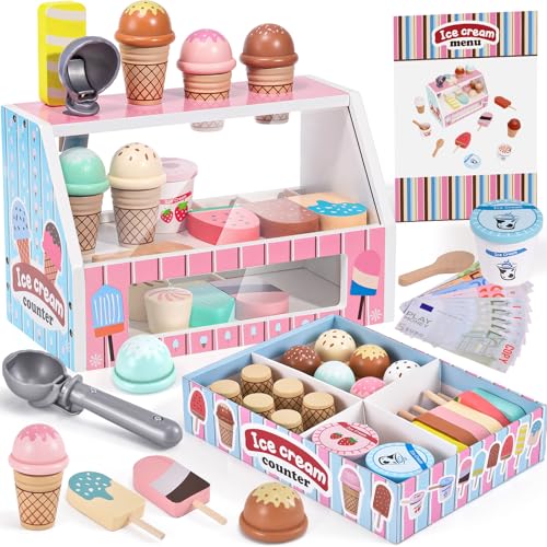 Eisdiele Eisladen EIS Holzspielzeug für Kinder Eiscreme Einkaufsladen Kinderküche Zubehör mit Spielgeld, Eistheke Eisverkauf Rollenspiel Montessori Holzspielzeug Geschenk für Mädchen 3 4 5 6 Jahren von Atoylink