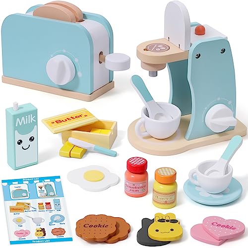 Holz Kaffeemaschine & Pop-up Toaster Spielzeug Spielküche Kinderküche Zubehör mit Brotscheiben Butter Milch Soße Ei Lernspielzeug Holzspielzeug Rollenspiel Geschenk für Mädchen Jungen 3 4 5 6 7 Jahren von Atoylink