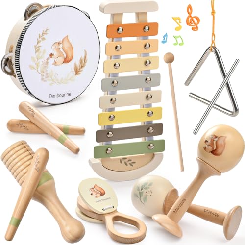 Atoylink Buche Musikinstrumente für Kinder ab 3 Jahre, 7-teiliges Montessori Kinderspielzeug mit Xylophon Tamburin Triangel, Instrumente Holzspielzeug Spielzeug Geschenk für Kinder ab 3 4 5 6 Jahre von Atoylink